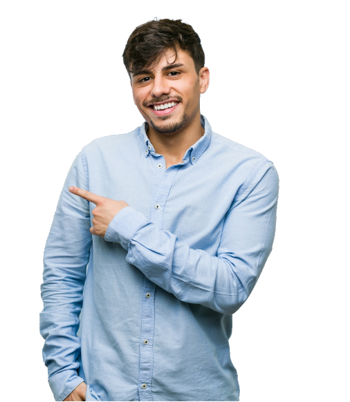 A young man with short, tousled hair and a friendly smile is wearing a light blue button-up shirt. He is pointing to his right, exuding enthusiasm and approachability against a plain background.